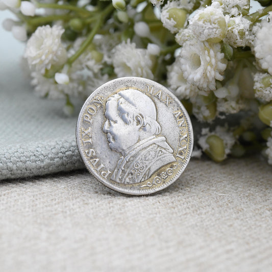 Antique Pope Pius IX Silver Coin Button 1872 USA Half Dime - Collectable Silver Coin Jewellery | 1 Lira 1866 Victorian Era | Unusual Antique