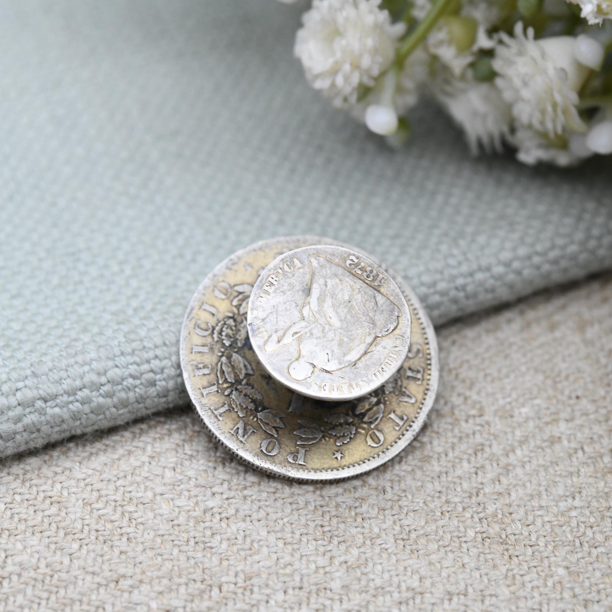 Antique Pope Pius IX Silver Coin Button 1872 USA Half Dime - Collectable Silver Coin Jewellery | 1 Lira 1866 Victorian Era | Unusual Antique