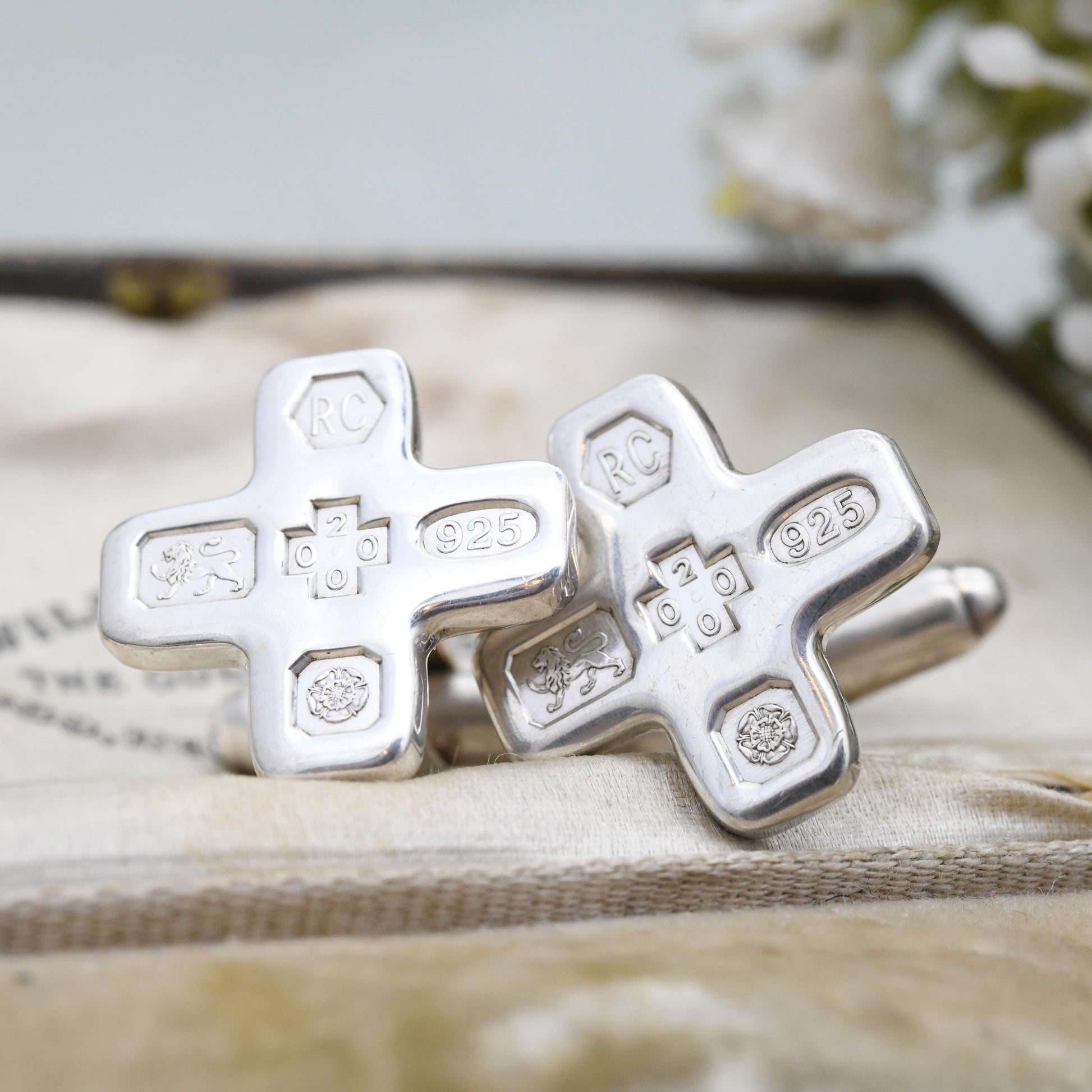 Vintage Sterling Silver Hallmarks Cufflinks 2000 Millennium Mark RC Carr's of Sheffield - Minimal Cross X Design Bullet Back | Birthday Gift