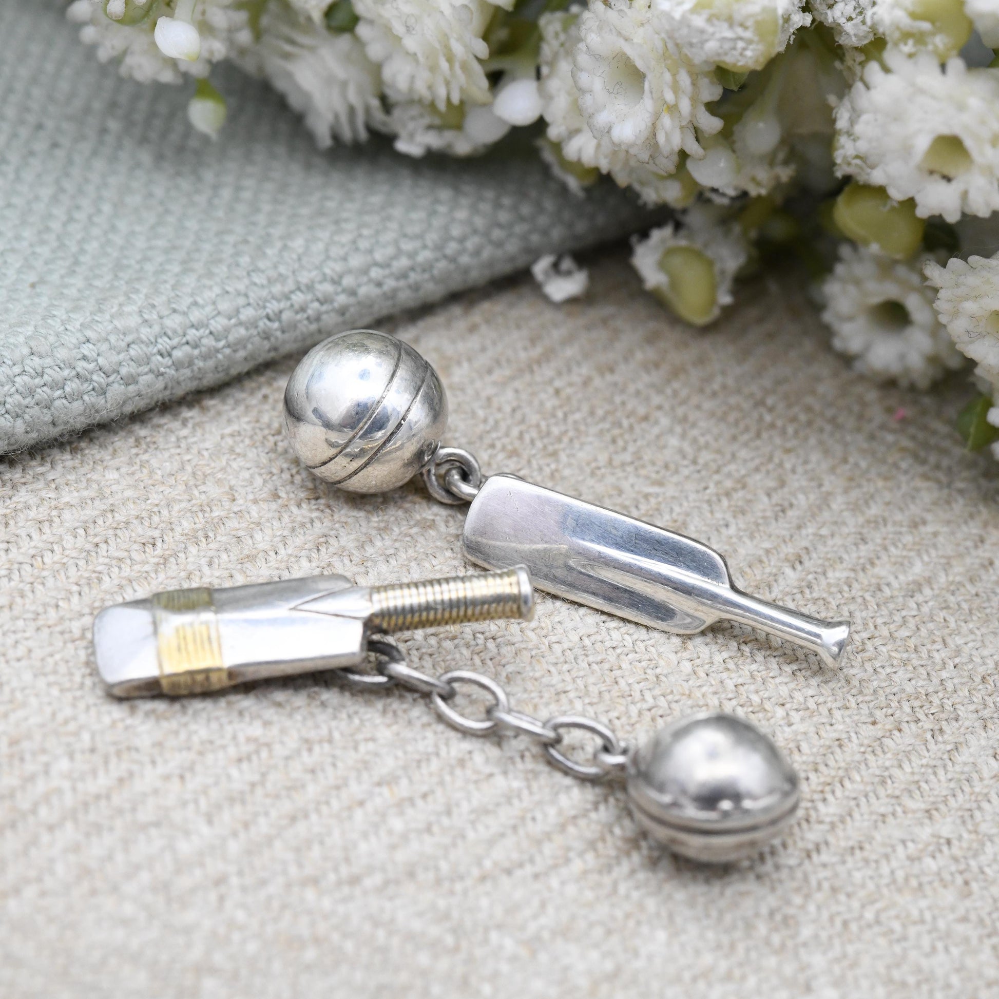 Vintage Sterling Silver Cufflinks Cricket Bat and Ball Chain - Mid-Century Figural Silver Jewellery Gift for Him Cricketer | Shirt Accessory