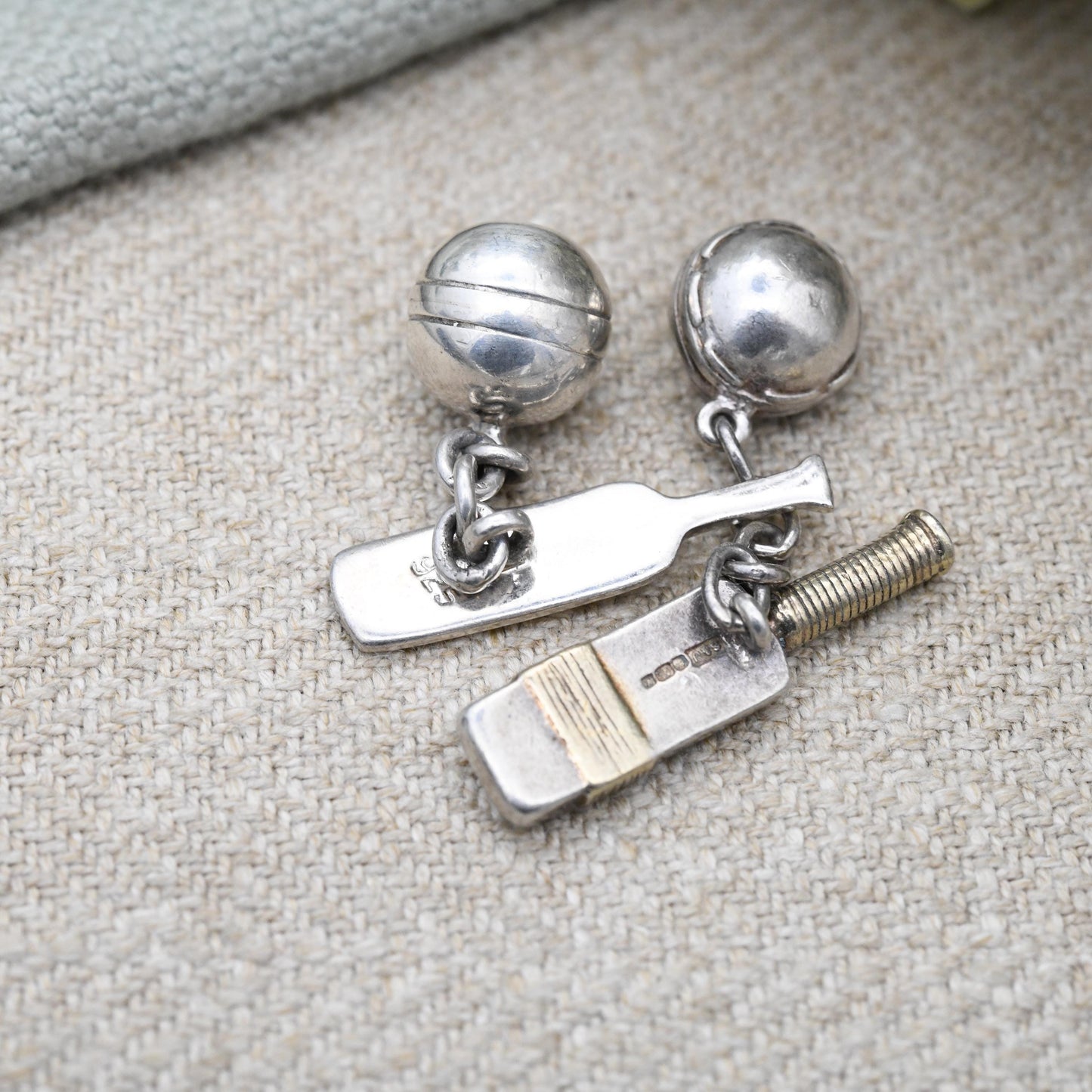 Vintage Sterling Silver Cufflinks Cricket Bat and Ball Chain - Mid-Century Figural Silver Jewellery Gift for Him Cricketer | Shirt Accessory
