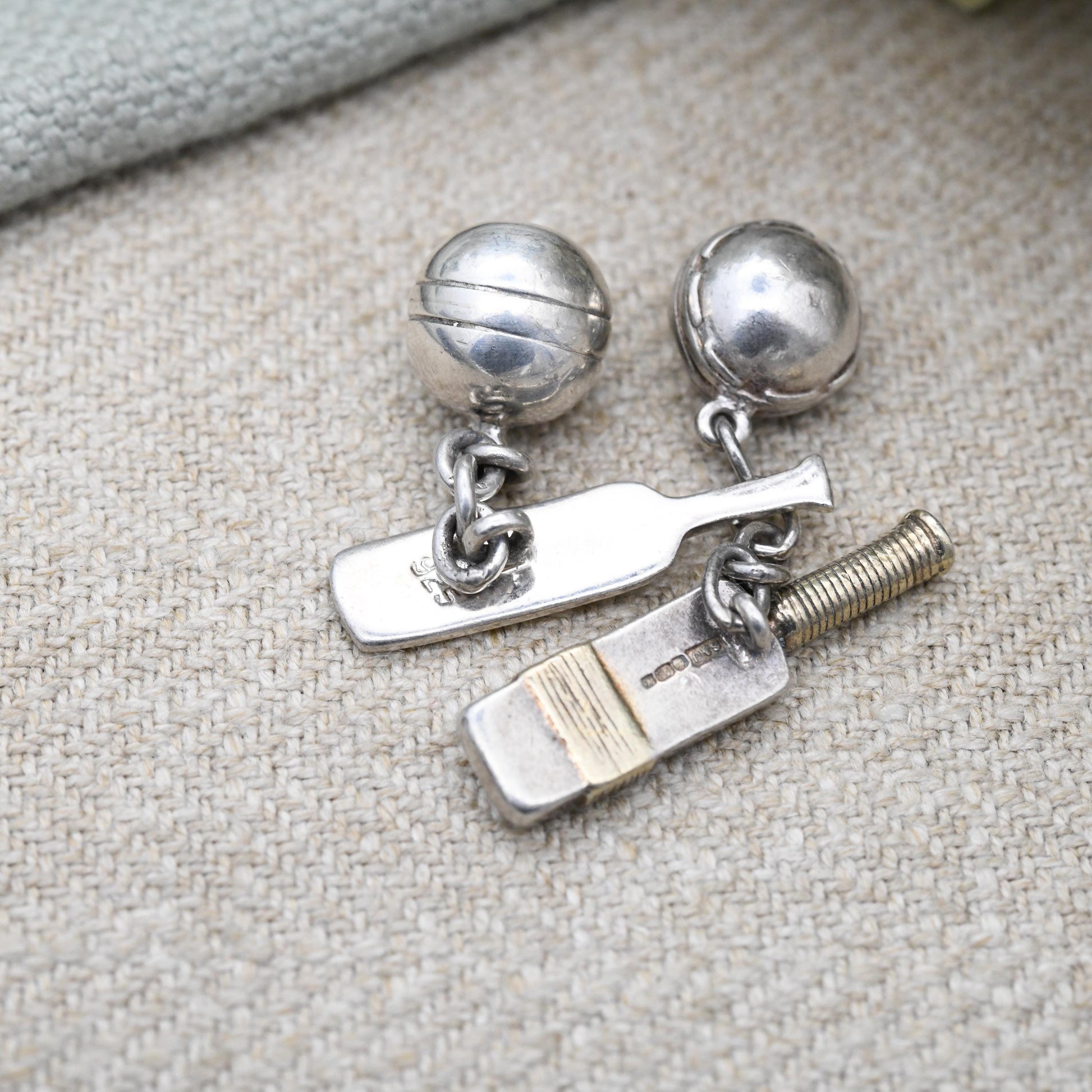 Vintage Sterling Silver Cufflinks Cricket Bat and Ball Chain - Mid-Century Figural Silver Jewellery Gift for Him Cricketer | Shirt Accessory