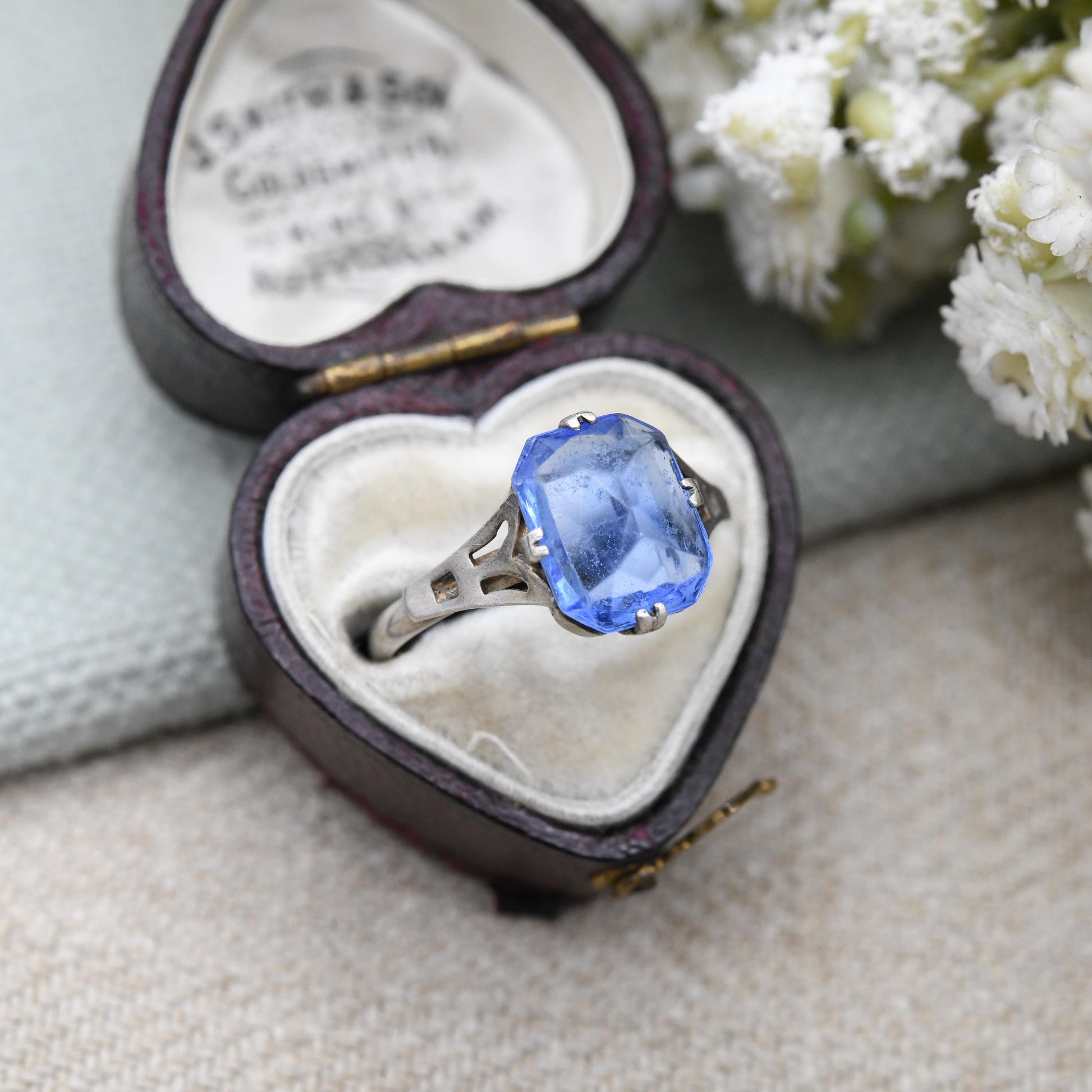 Antique Art Deco Sterling Silver Ring with Large Blue Paste Stone - c. 1920s 1930s Cocktail Statement Ring | UK Size - O | US Size - 7 1/4