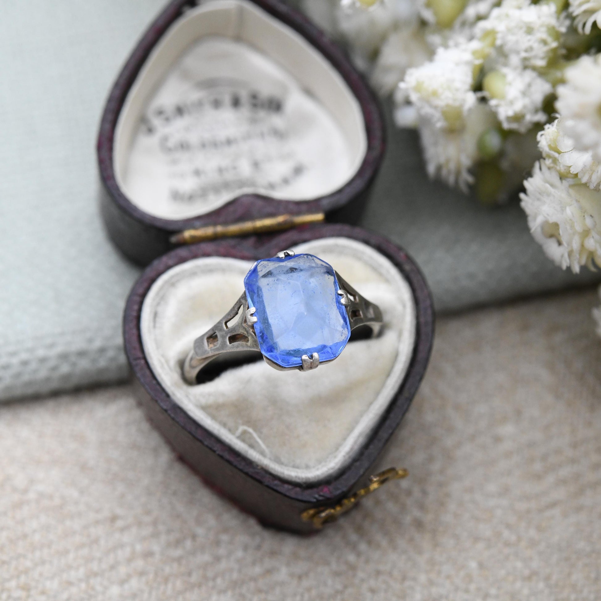 Antique Art Deco Sterling Silver Ring with Large Blue Paste Stone - c. 1920s 1930s Cocktail Statement Ring | UK Size - O | US Size - 7 1/4