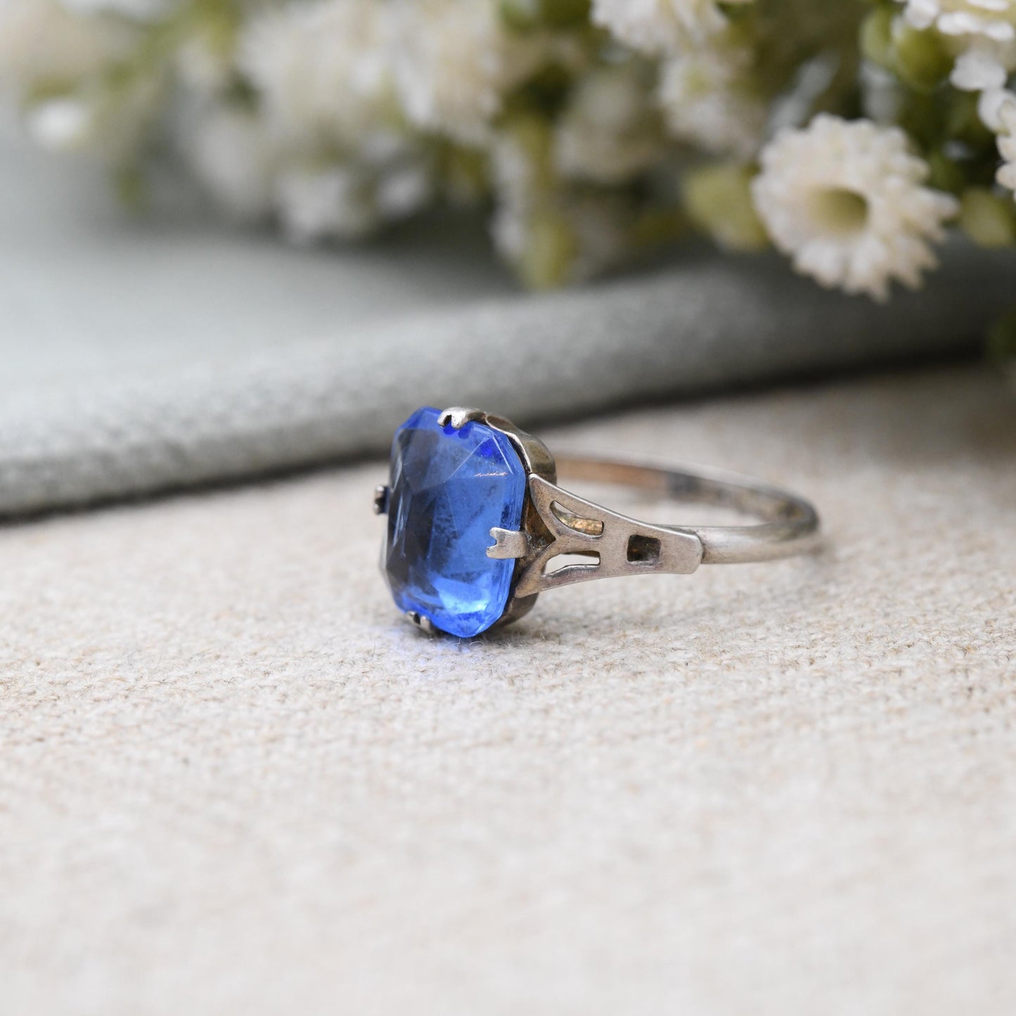 Antique Art Deco Sterling Silver Ring with Large Blue Paste Stone - c. 1920s 1930s Cocktail Statement Ring | UK Size - O | US Size - 7 1/4