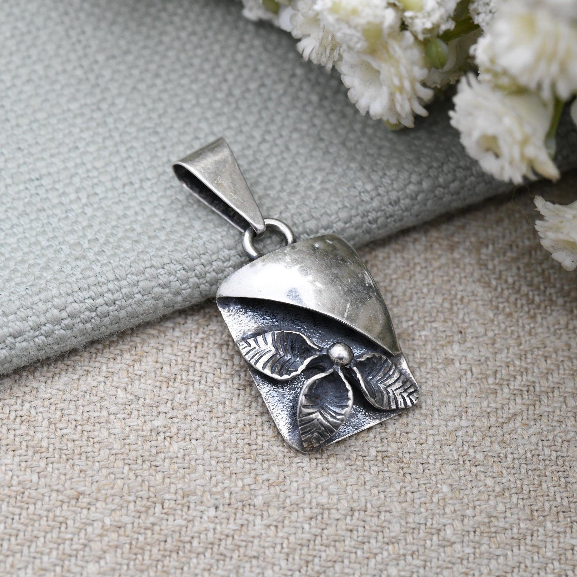 European Sterling Silver Flower Pendant - Sculptural Textured Design | Minimalist Solid Silver | Polish Style Jewellery