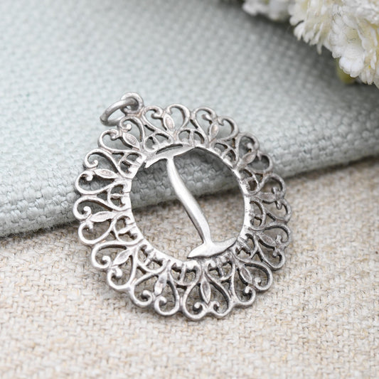 Vintage Sterling Silver Letter I Pendant with Ornate Open Heart Border - Cute Initial Gift Mid-Century Necklace Charm Personalised Jewellery