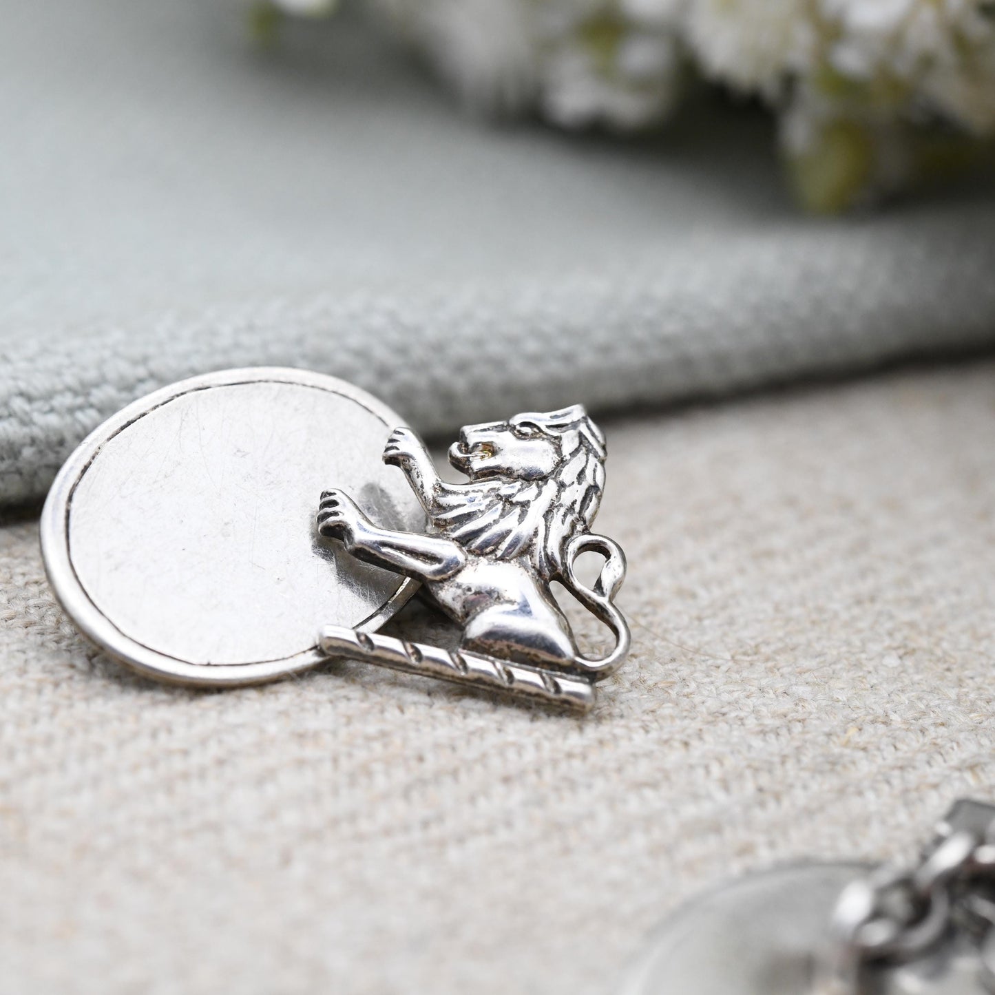 True Vintage Sterling Silver Lion Chain Style Cufflinks - Scottish Lion Rampant Textured Design Antique Gift for Son Brother Graduation Day