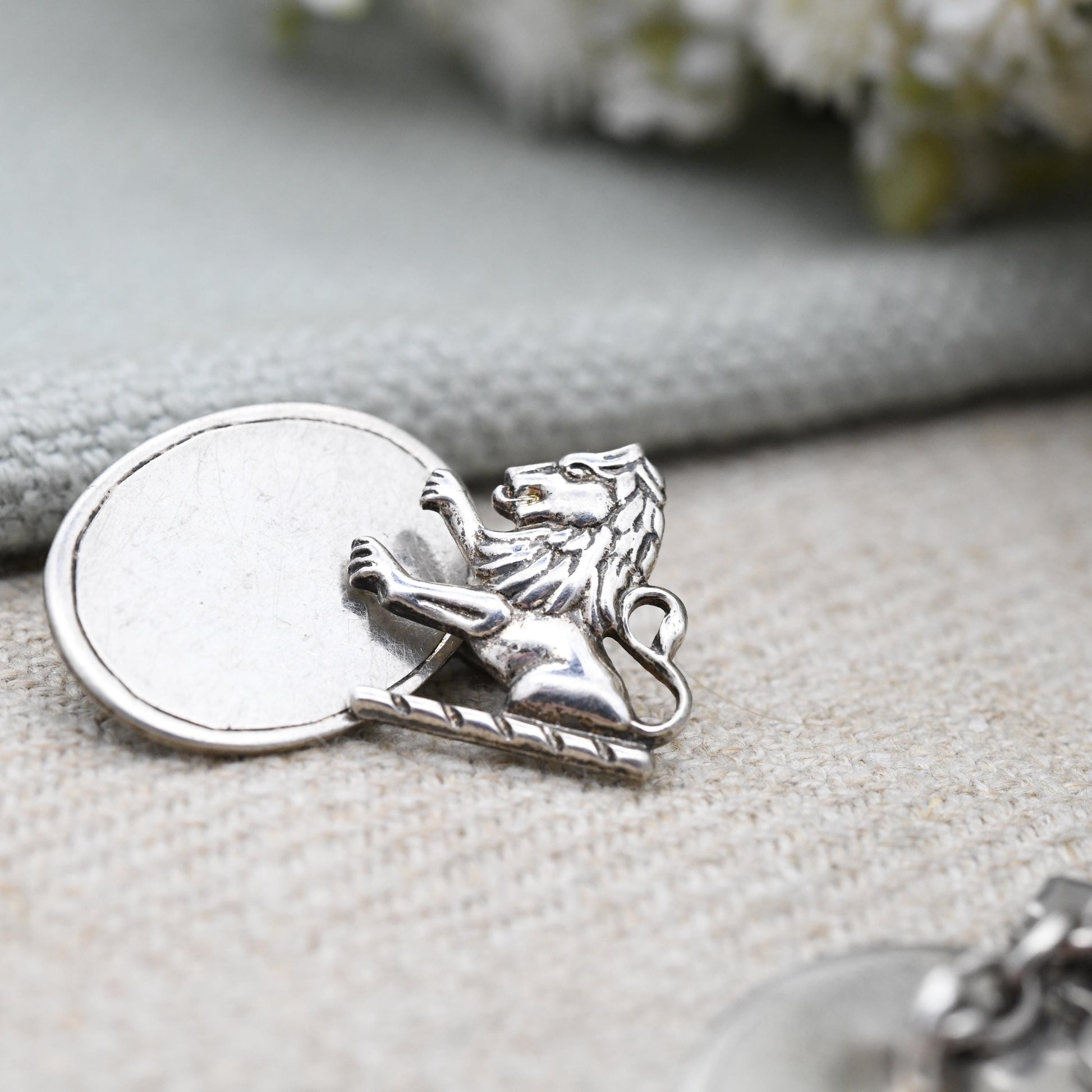 True Vintage Sterling Silver Lion Chain Style Cufflinks - Scottish Lion Rampant Textured Design Antique Gift for Son Brother Graduation Day