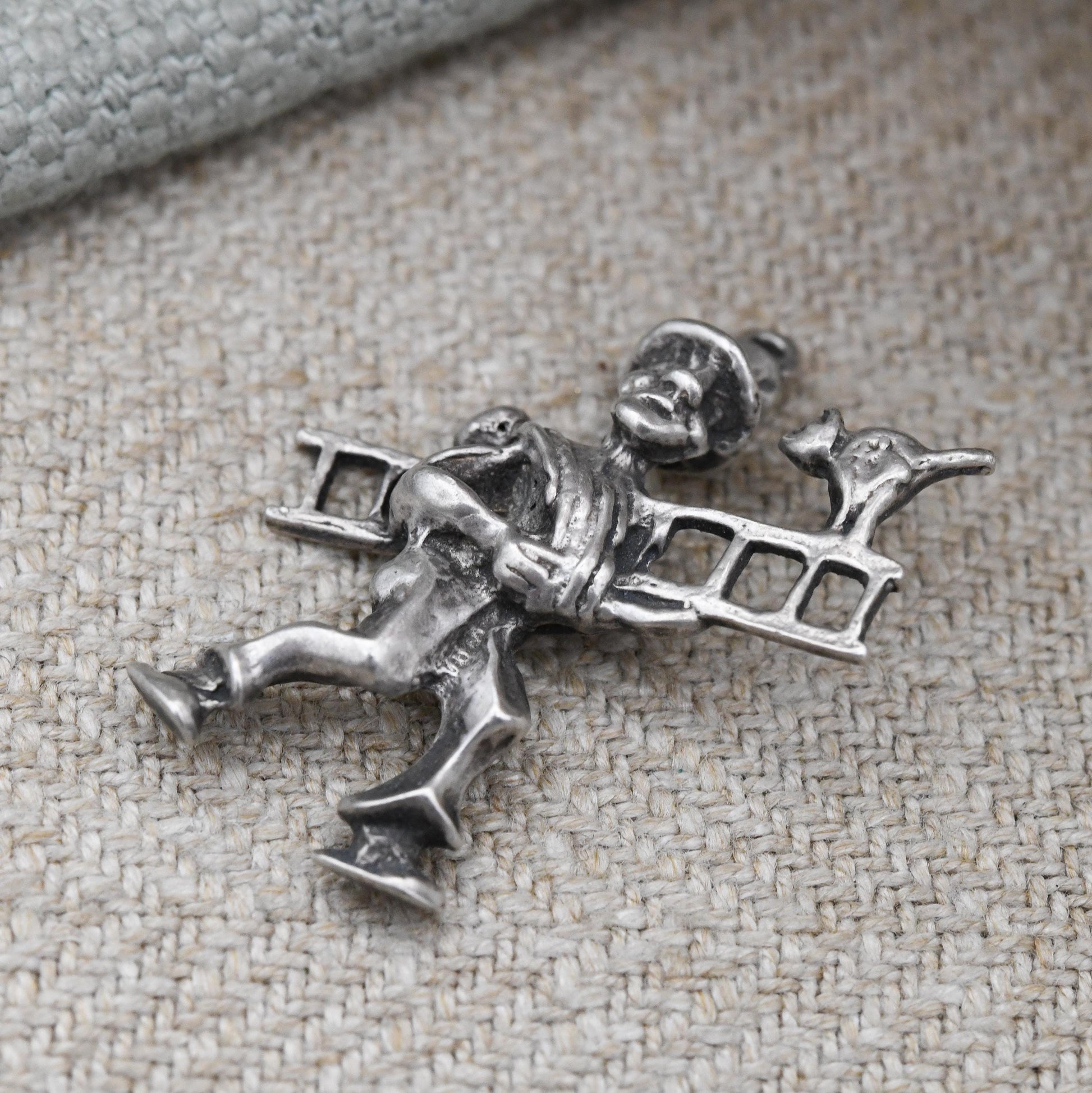 Vintage Sterling Silver Man Carrying Ladder Charm Pendant Lucky Chimney Sweep - Cat on a Ladder Silver Charm | Cartoon Style Window Cleaner