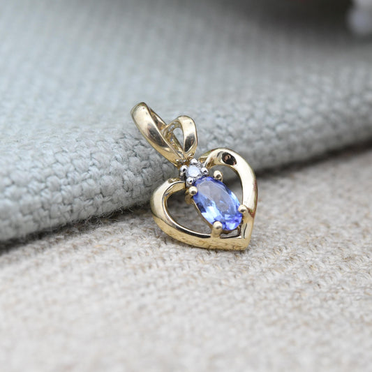 9ct Gold Tanzanite and Diamond Pendant Heart Apple Shape - Solid Gold Miniature Openwork Charm for Necklace Stack | Pretty Gift for Her