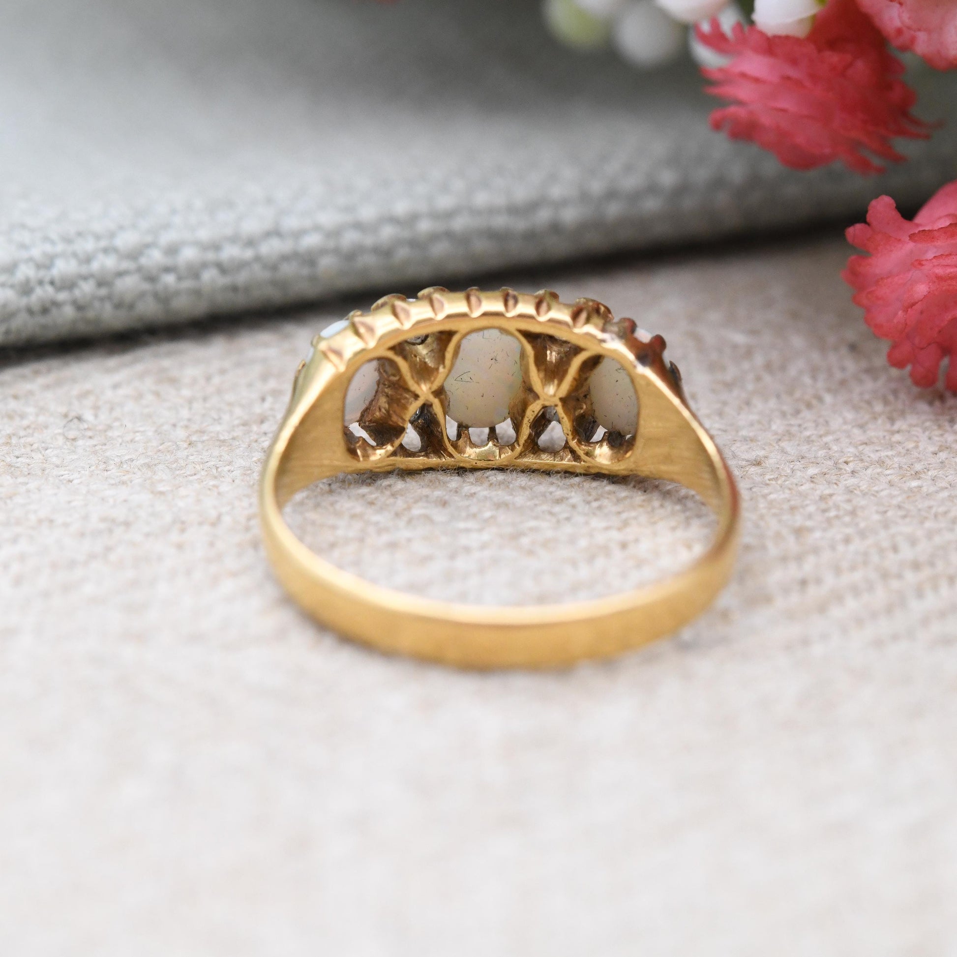 Antique 18ct Gold Opal Diamond Ring 1904 Edwardian - Oval Cabochon Three Stone with Old Cut Diamond Accents | UK Size - O | US Size - 7