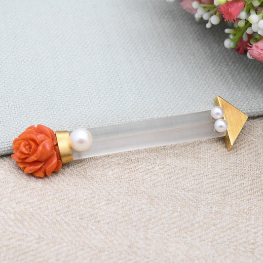 Vintage 18ct Gold Arrow Bar Brooch with Rock Crystal Coral Pearl - Cupid's Arrow Dart Statement Mid-Century Jewellery | Carved Coral Flower