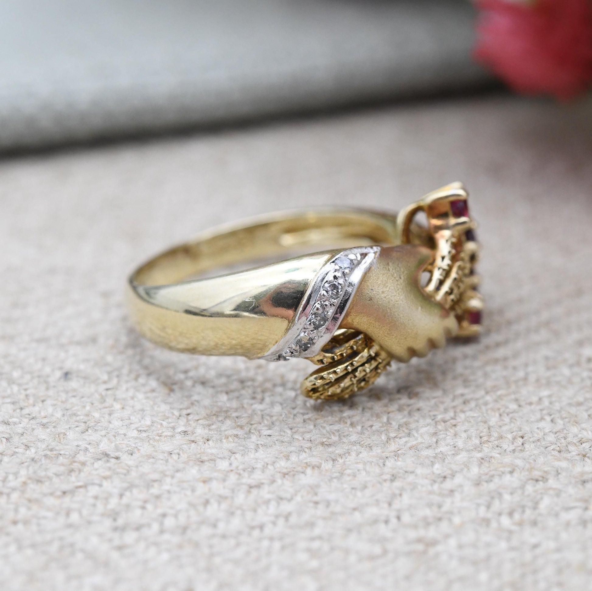 Vintage 14ct Gold Hand Ring Ruby and Diamond Hand Holding Flowers 1990 - Victorian Style Sentimental Figure Ring | UK Size N | US Size 6 3/4