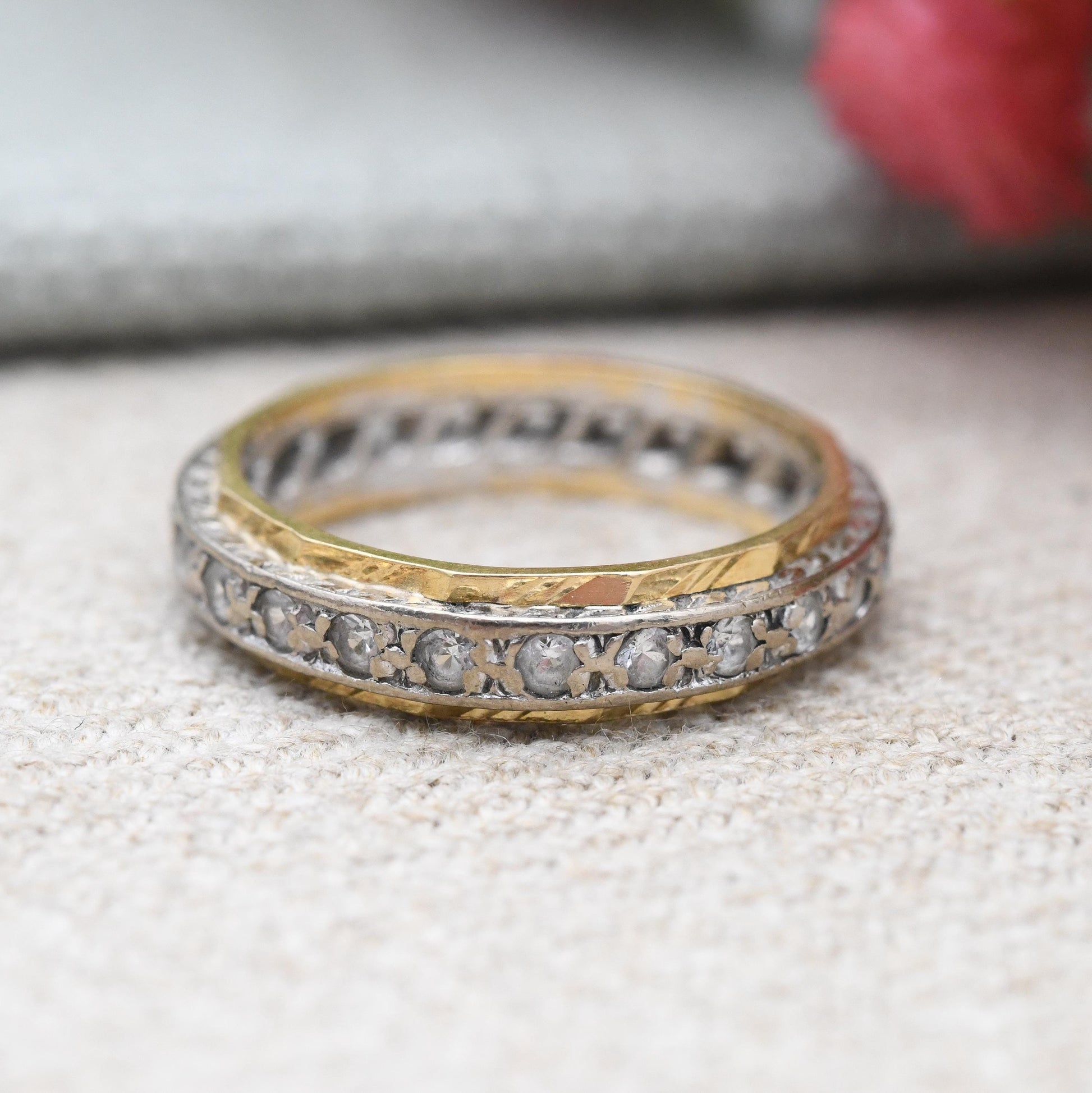 Vintage 18ct Gold Eternity Ring c. 1960s - Two Tone White Gold Yellow Gold White Gem Stacking Ring | UK Size - L | US Size - 6