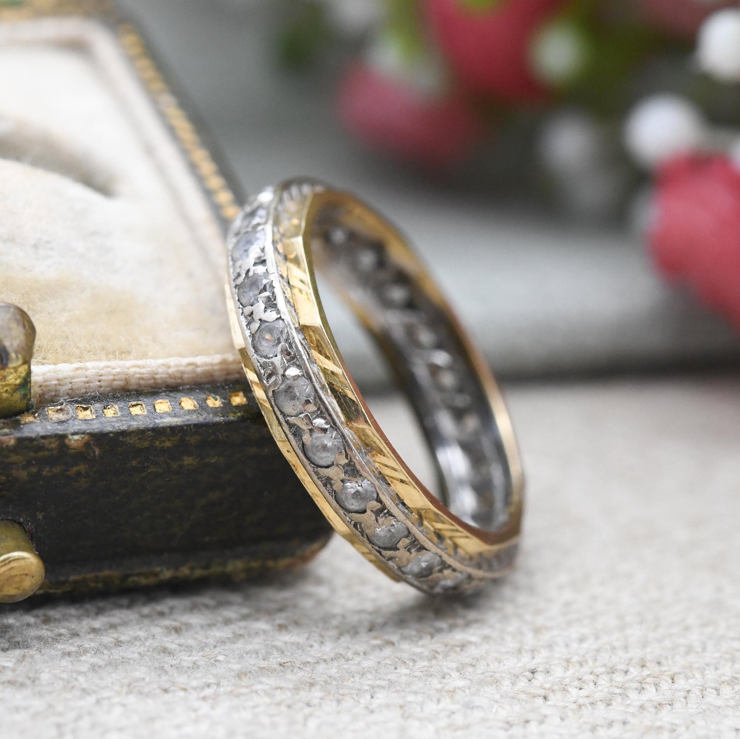 Vintage 18ct Gold Eternity Ring c. 1960s - Two Tone White Gold Yellow Gold White Gem Stacking Ring | UK Size - L | US Size - 6