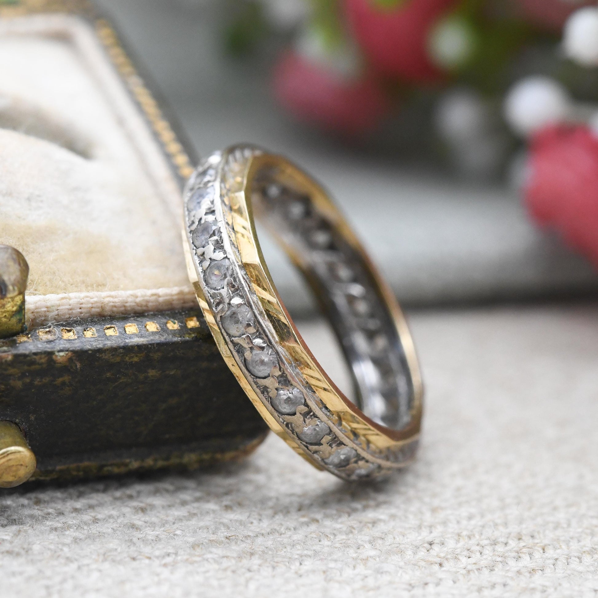 Vintage 18ct Gold Eternity Ring c. 1960s - Two Tone White Gold Yellow Gold White Gem Stacking Ring | UK Size - L | US Size - 6