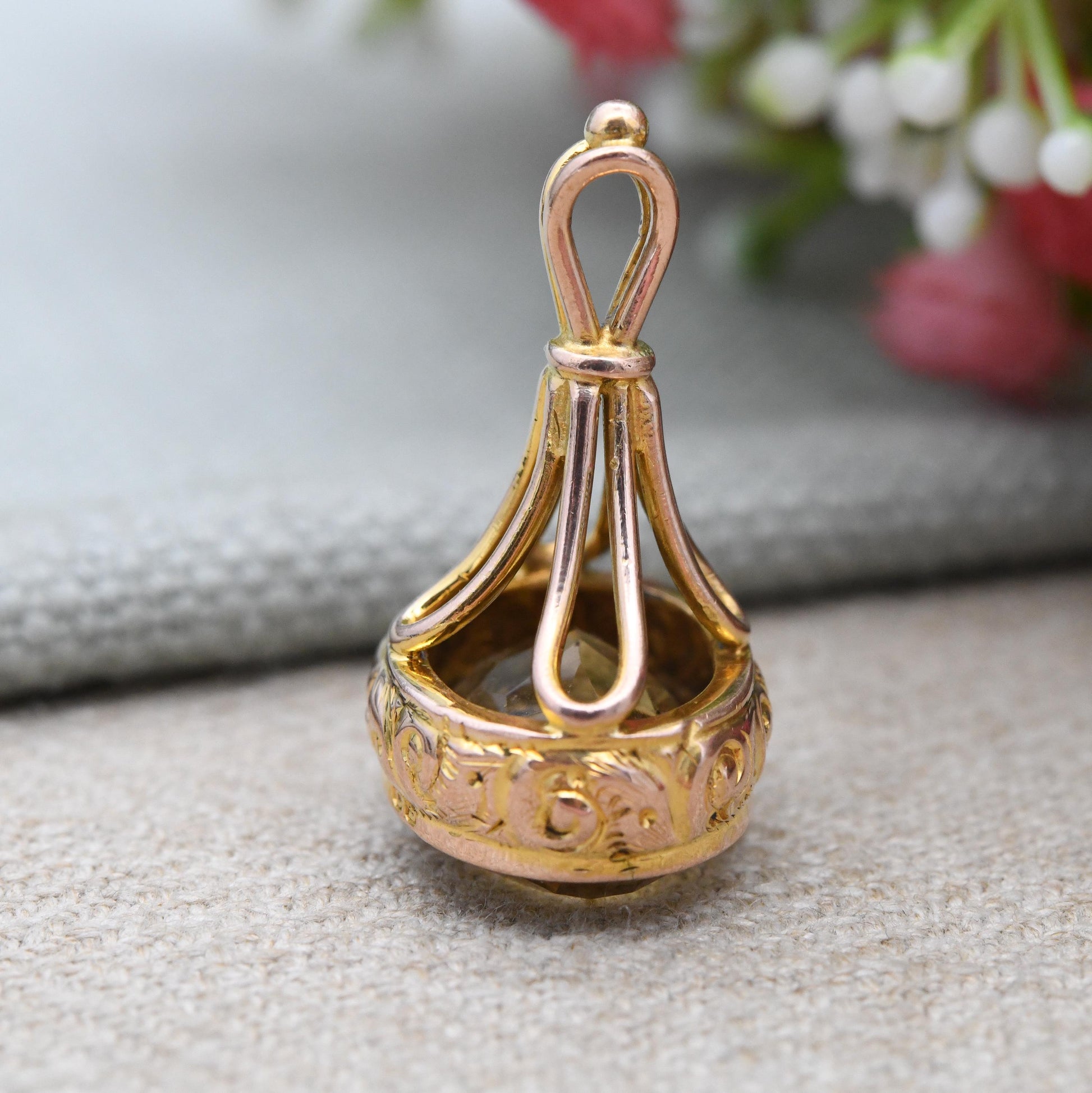Antique 9ct Gold Fob Pendant with Citrine Gemstone 1923 CS - Embossed Floral Scrolling Pattern Large Yellow Gemstone Ornate Pretty Necklace