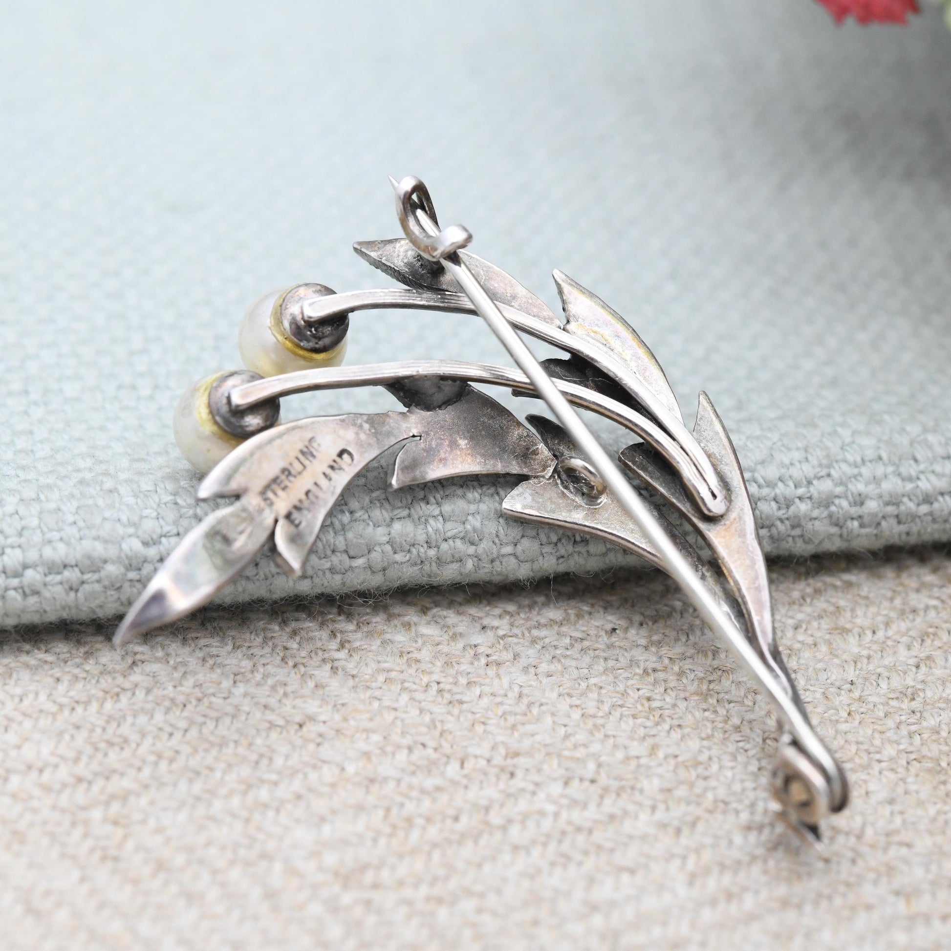 Antique TLM Silver Marcasite Flower Brooch with Faux Pearl Thomas L Mott Designer - Art Deco Era Sparkly Statement Pin | Made in England