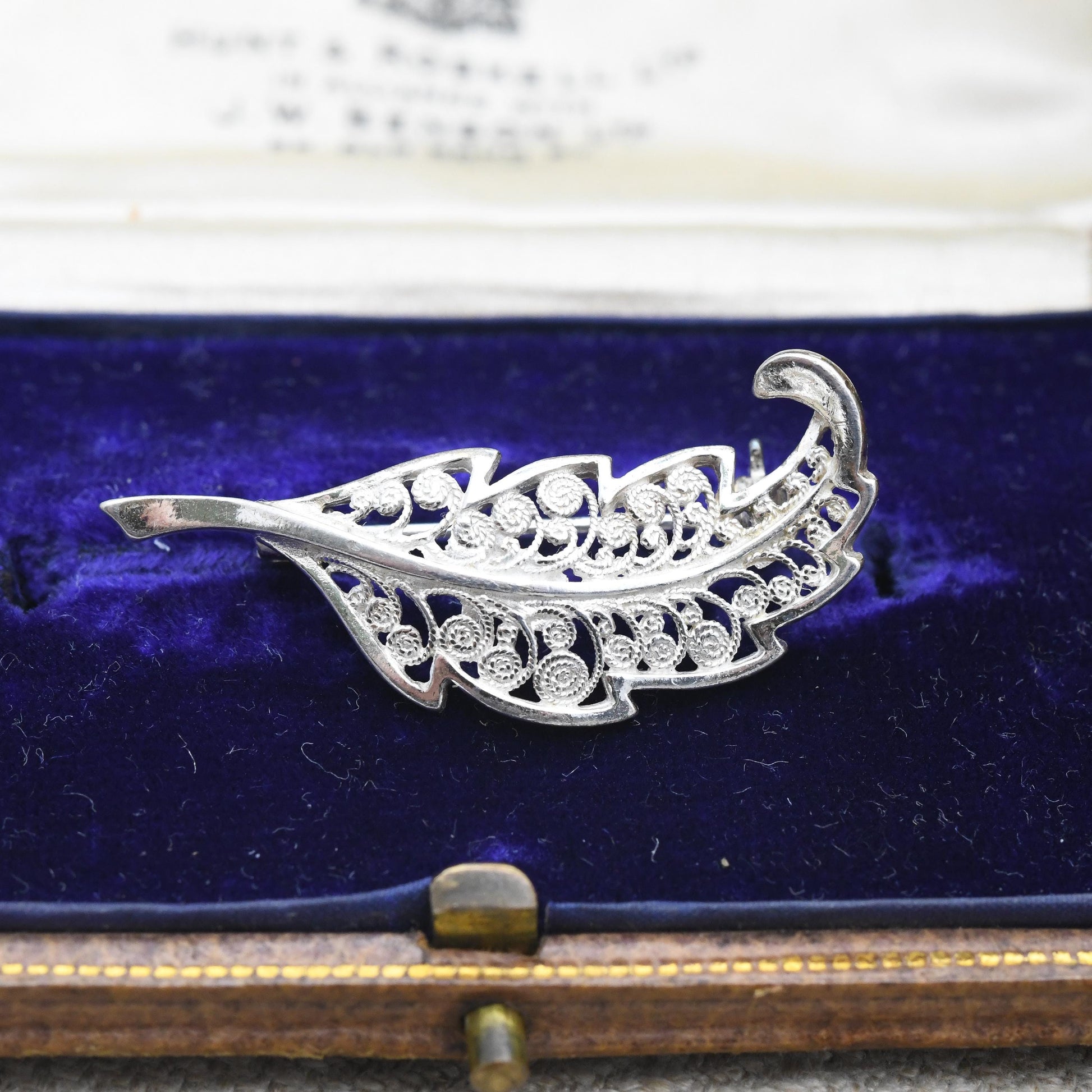 Vintage Sterling Silver Filigree Leaf Brooch - Openwork Scrolling Wirework Design