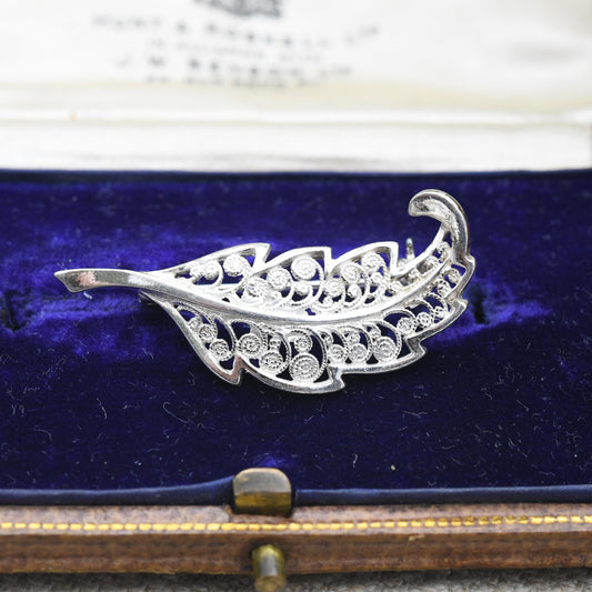 Vintage Sterling Silver Filigree Leaf Brooch - Openwork Scrolling Wirework Design