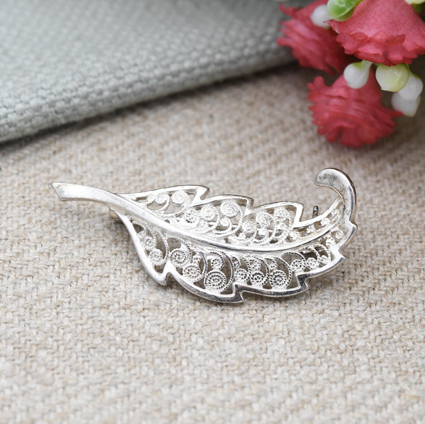 Vintage Sterling Silver Filigree Leaf Brooch - Openwork Scrolling Wirework Design