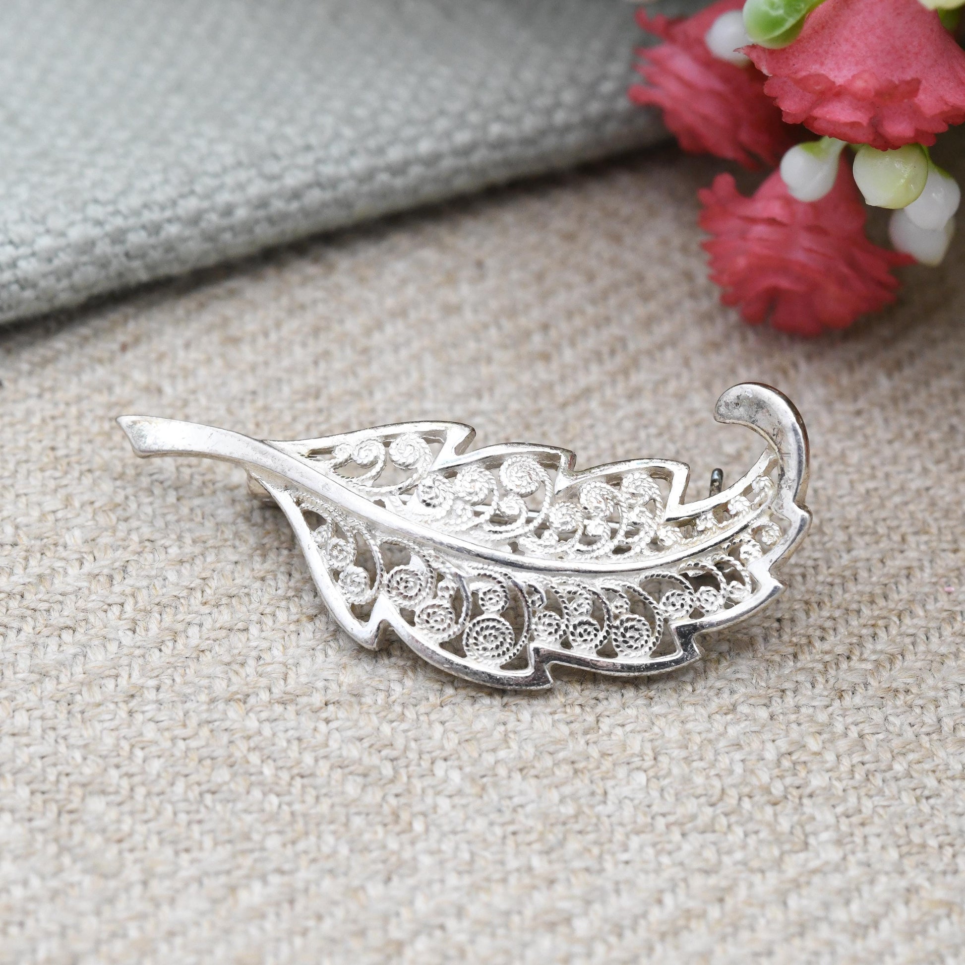 Vintage Sterling Silver Filigree Leaf Brooch - Openwork Scrolling Wirework Design