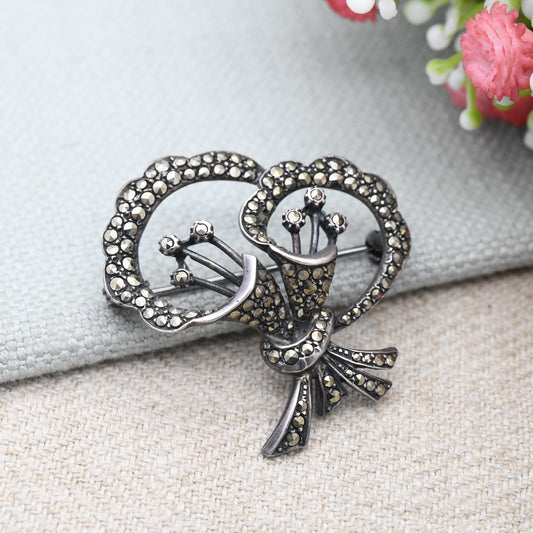 True Vintage Platinin Marcasite Flower Leaf Brooch Art Deco White Metal c. 1940s - Collectable Jewellery | Sparkly Statement Pin