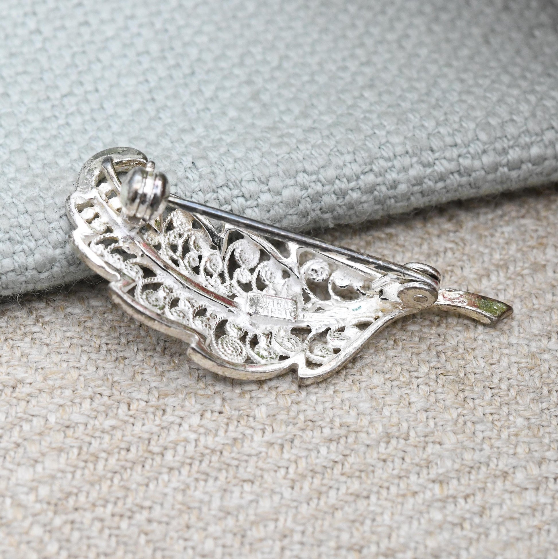 Vintage Sterling Silver Filigree Leaf Brooch - Openwork Scrolling Wirework Design
