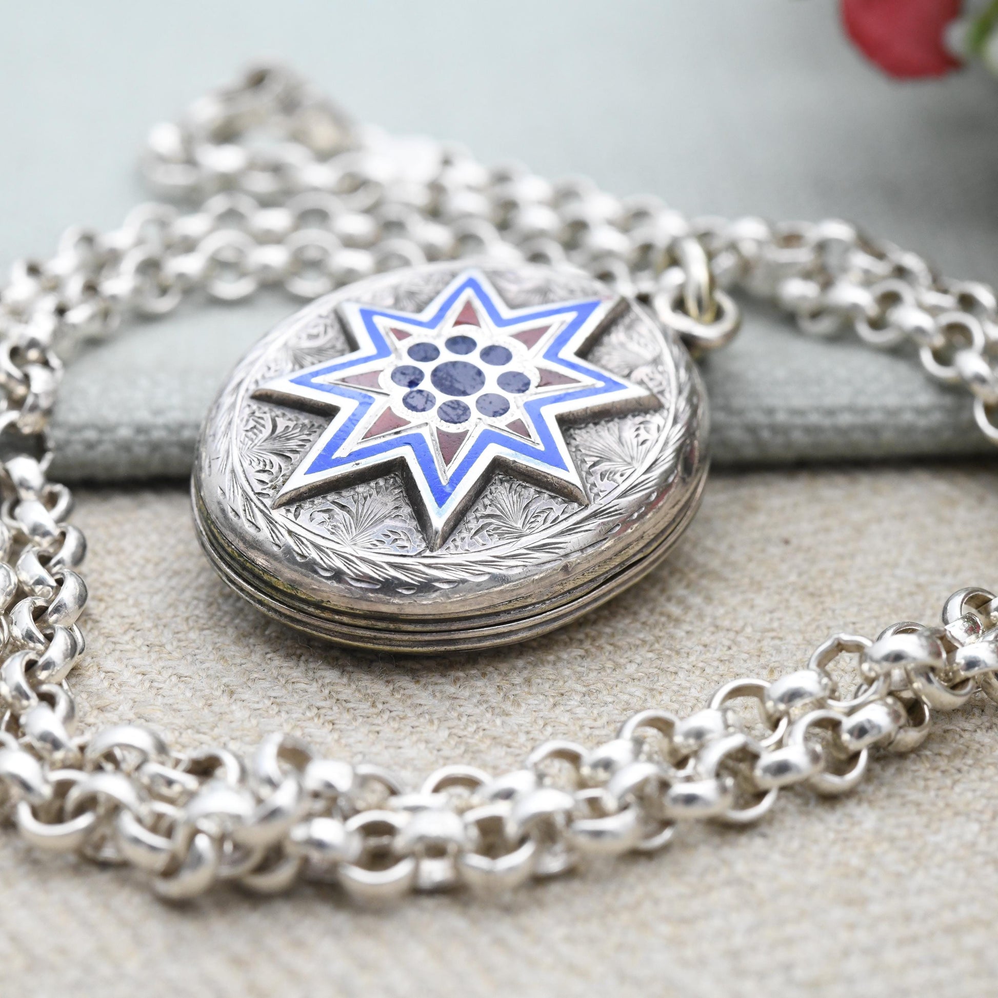 Antique Victorian Sterling Silver Locket Enamel Star Design - Engraved Quatrefoil Ornate Aesthetic Movement Oval Pendant on Chunky Chain