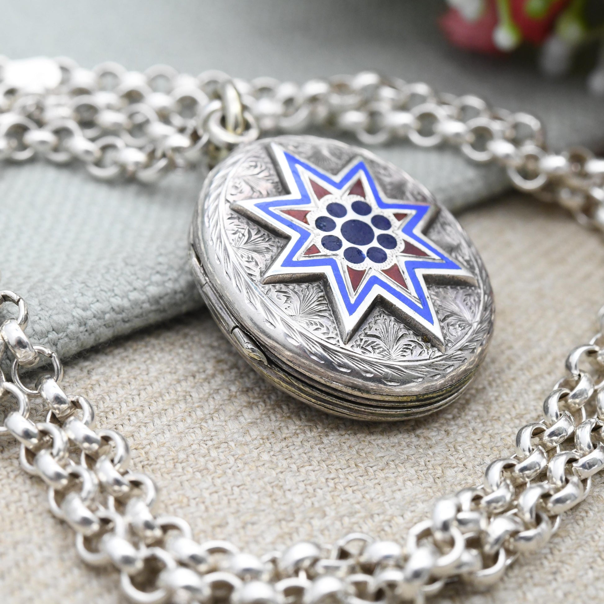 Antique Victorian Sterling Silver Locket Enamel Star Design - Engraved Quatrefoil Ornate Aesthetic Movement Oval Pendant on Chunky Chain