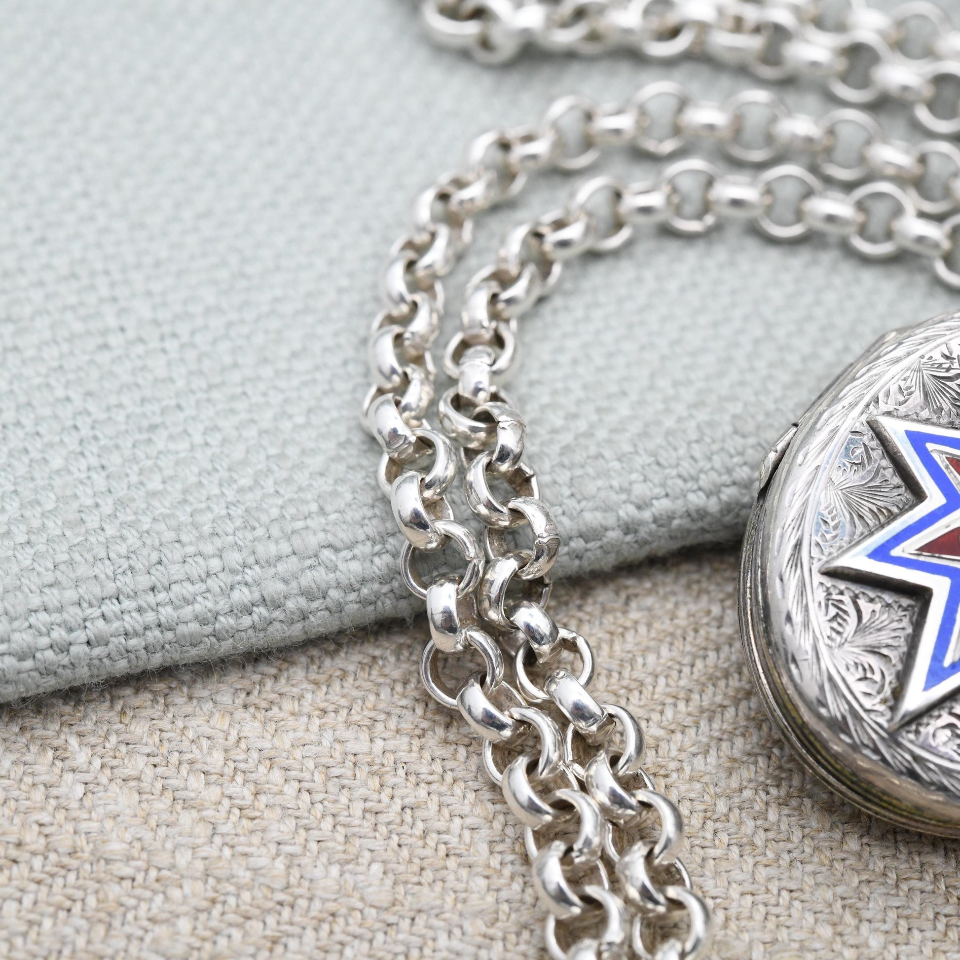 Antique Victorian Sterling Silver Locket Enamel Star Design - Engraved Quatrefoil Ornate Aesthetic Movement Oval Pendant on Chunky Chain