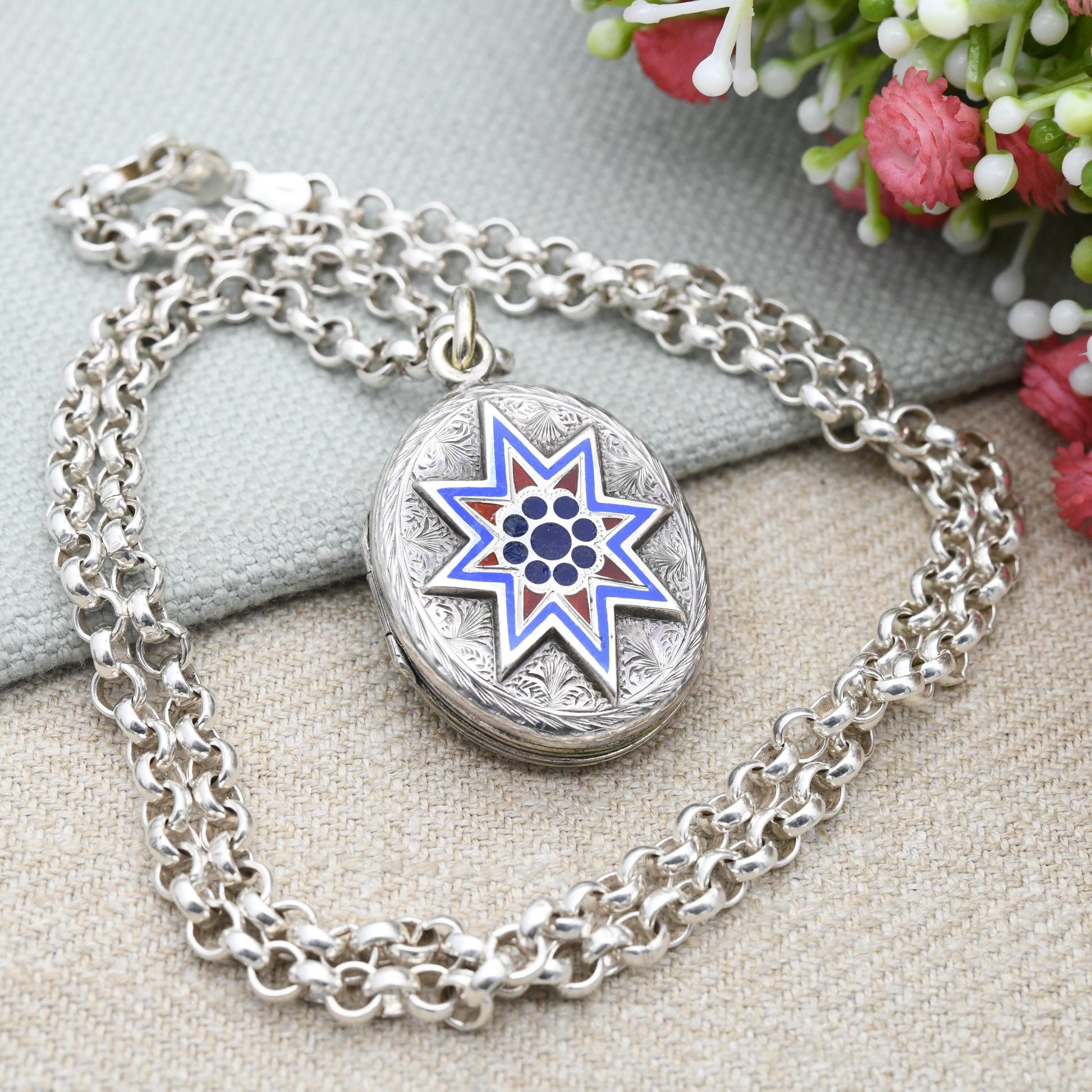Antique Victorian Sterling Silver Locket Enamel Star Design - Engraved Quatrefoil Ornate Aesthetic Movement Oval Pendant on Chunky Chain