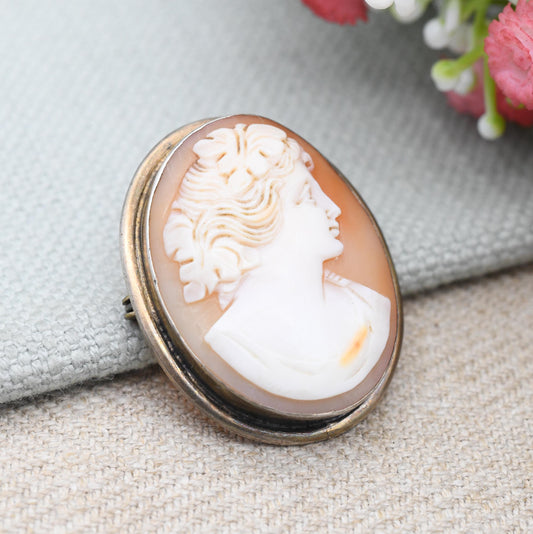 Vintage European Silver Cameo Brooch - Carved Shell Woman Profile Portrait