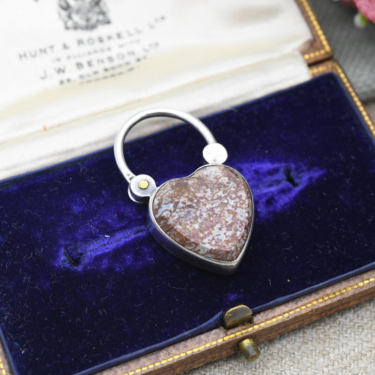 Antique Victorian Agate Heart Padlock Pendant c. 1880s with Locket Compartment - Charm Necklace Clasp