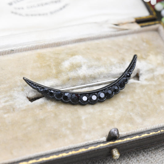Antique Victorian Black Crescent Moon Brooch - Faceted Glass Stones | Unisex Lapel Pin | Celestial Jewellery Gift for Her