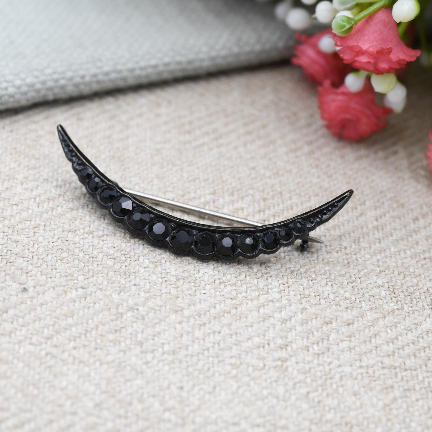 Antique Victorian Black Crescent Moon Brooch - Faceted Glass Stones | Unisex Lapel Pin | Celestial Jewellery Gift for Her