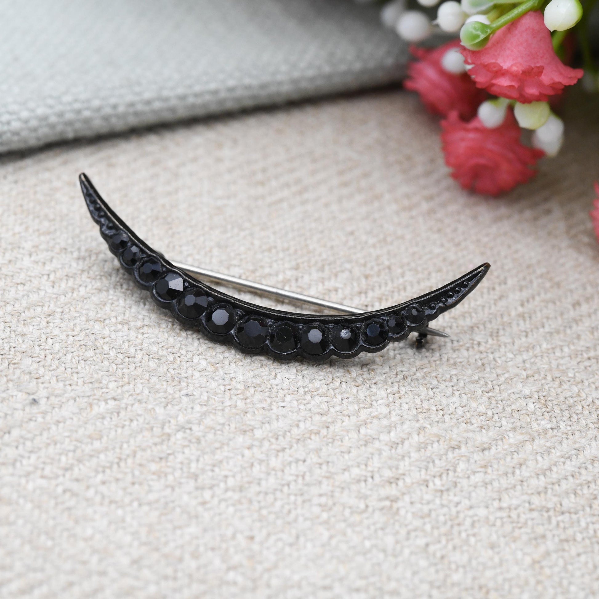 Antique Victorian Black Crescent Moon Brooch - Faceted Glass Stones | Unisex Lapel Pin | Celestial Jewellery Gift for Her