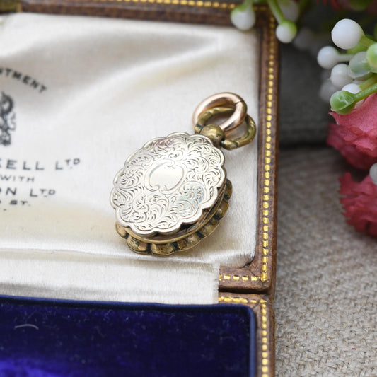 Antique Victorian Double Sided Locket 9ct Gold Back and Front Miniature Pendant - Magnifying Glass | Engraved Flowers Aesthetic Movement