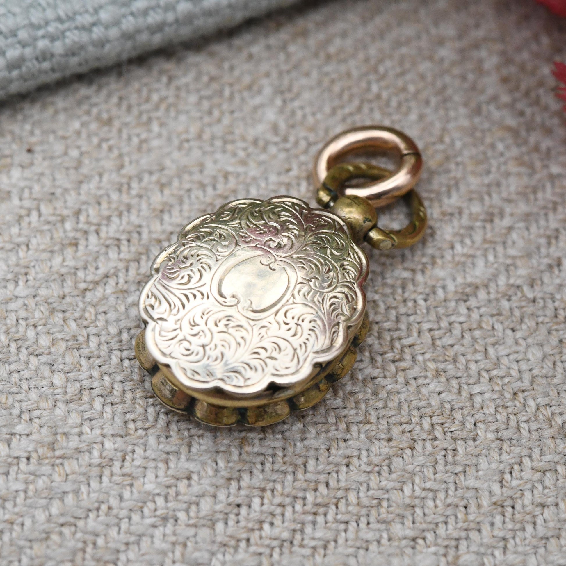 Antique Victorian Double Sided Locket 9ct Gold Back and Front Miniature Pendant - Magnifying Glass | Engraved Flowers Aesthetic Movement