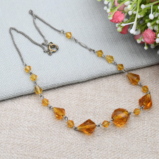 Antique Orange Czech Glass Bead Necklace c. 1920s 1930s - Faceted Cut Glass | Graduated Beaded Necklace | 16"