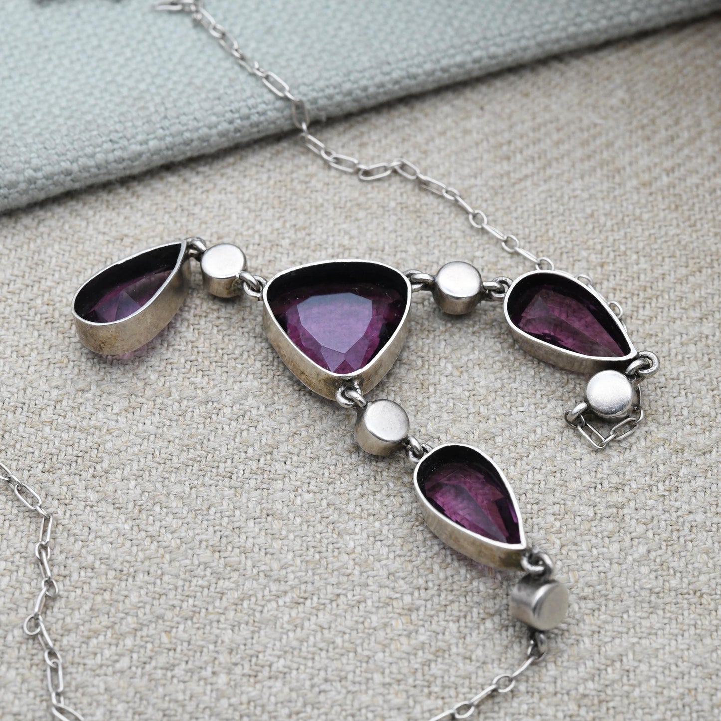 True Vintage Silver Necklace with Faceted Purple Stone Drop - 16"