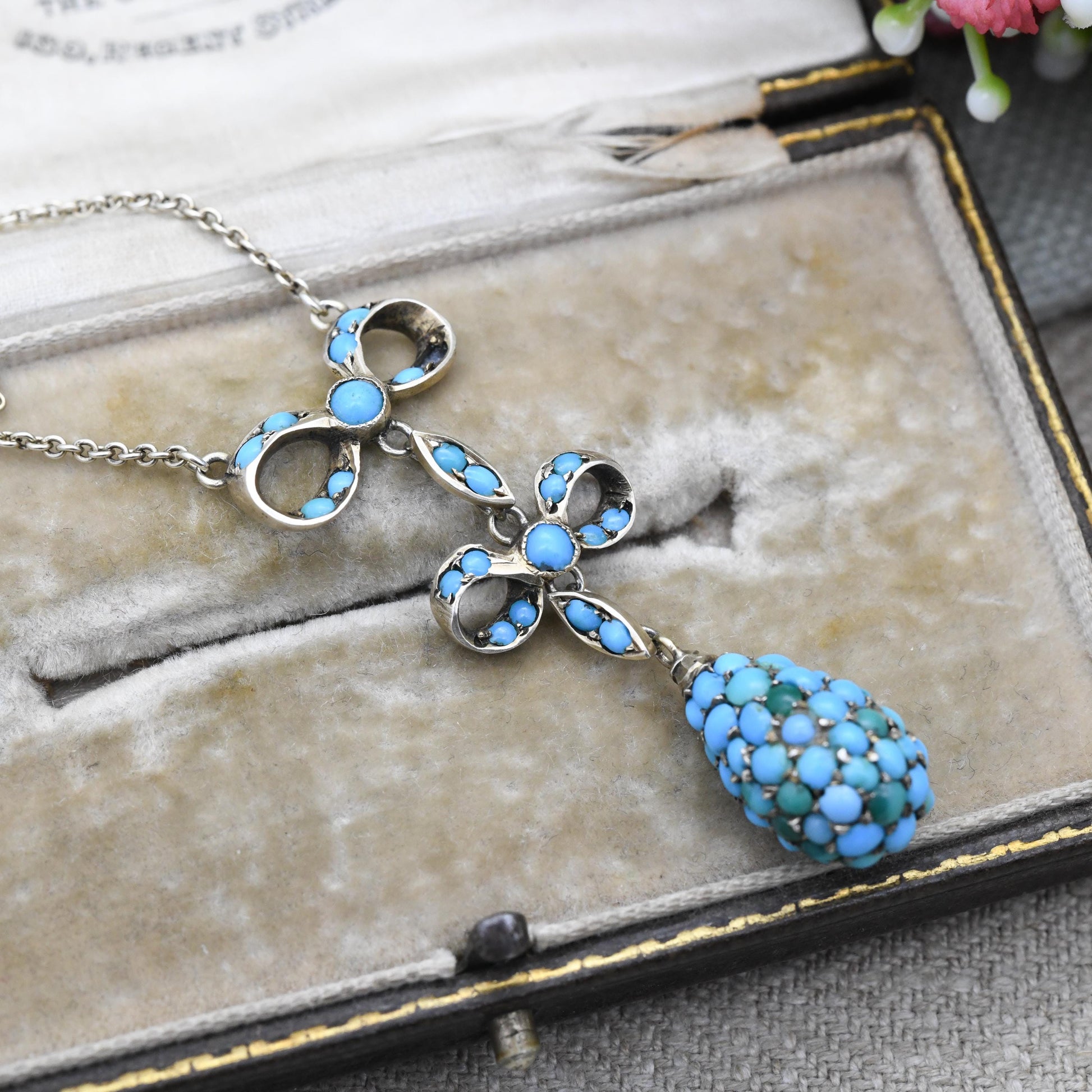 Antique Turquoise Cluster Necklace with Bow and Egg Integral Pendant c. 1890s Victorian - Blue Stone Drop | Silver Gilt | Jewellery Gift