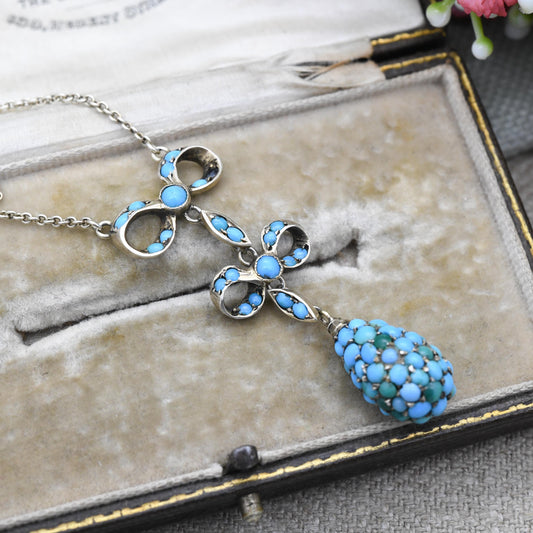 Antique Turquoise Cluster Necklace with Bow and Egg Integral Pendant c. 1890s Victorian - Blue Stone Drop | Silver Gilt | Jewellery Gift