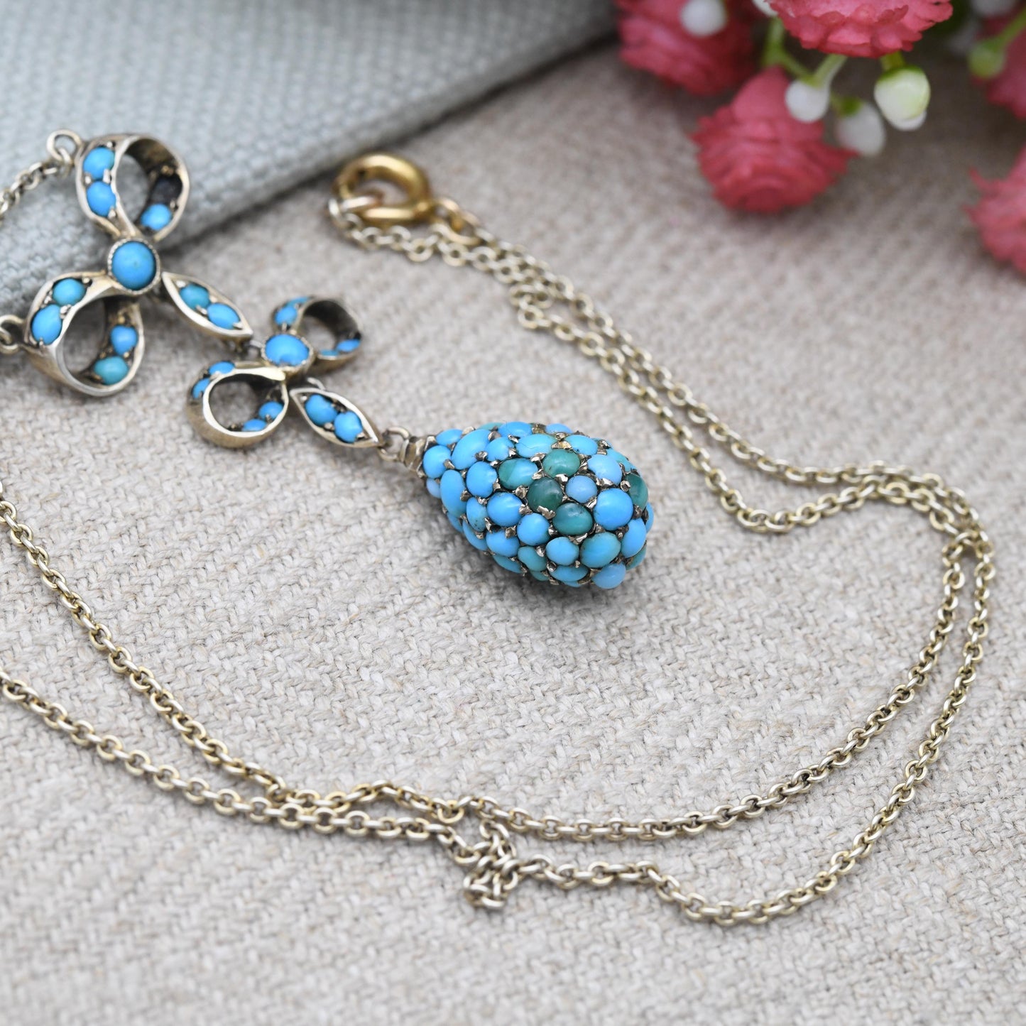Antique Turquoise Cluster Necklace with Bow and Egg Integral Pendant c. 1890s Victorian - Blue Stone Drop | Silver Gilt | Jewellery Gift