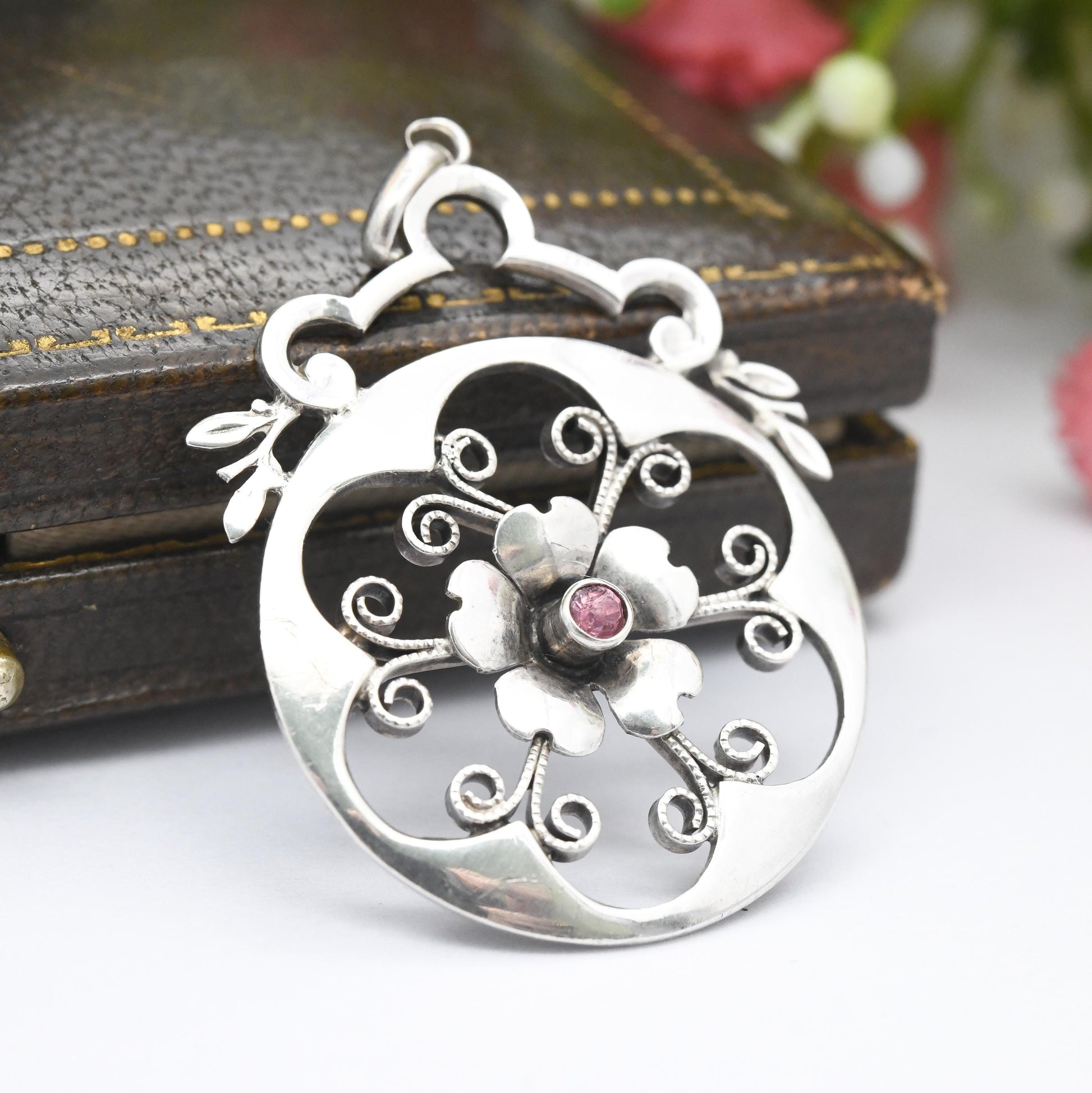 Antique Art Nouveau Silver Flower Pendant European 935 Silver - Open Wirework Design | Pink Stone Centre | Edwardian Era c 1910s