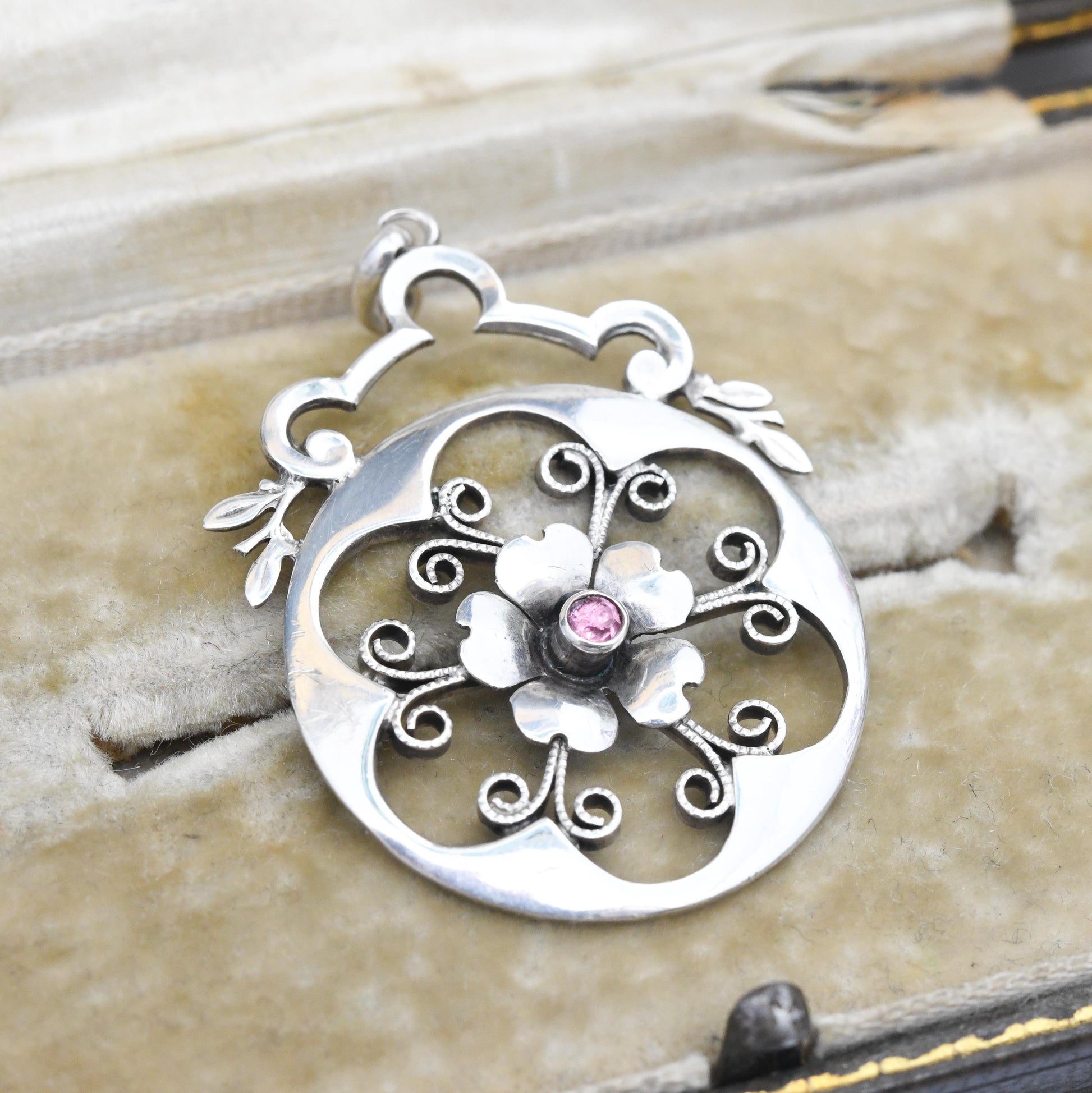 Antique Art Nouveau Silver Flower Pendant European 935 Silver - Open Wirework Design | Pink Stone Centre | Edwardian Era c 1910s