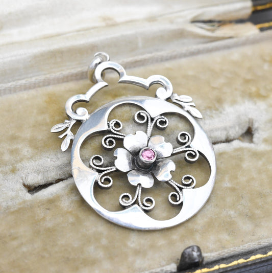 Antique Art Nouveau Silver Flower Pendant European 935 Silver - Open Wirework Design | Pink Stone Centre | Edwardian Era c 1910s