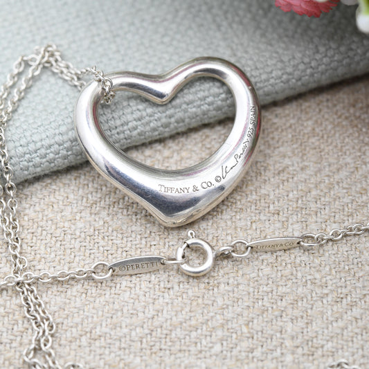 Tiffany & Co Elsa Peretti Open Heart Pendant Necklace Sterling Silver - Large Size 27mm | Genuine Signed Designer Jewellery Cable Chain 18"