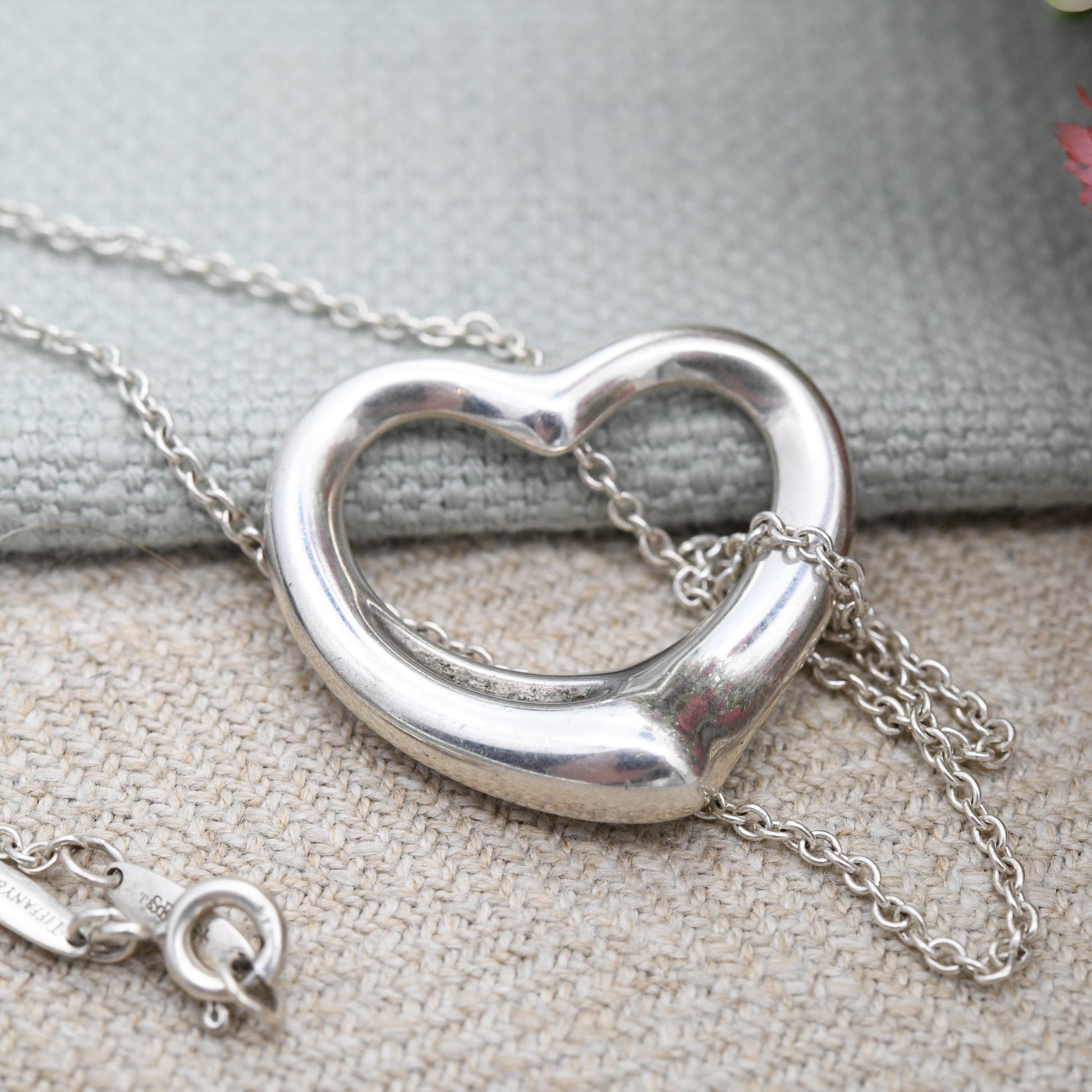 Tiffany & Co Elsa Peretti Open Heart Pendant Necklace Sterling Silver - Large Size 27mm | Genuine Signed Designer Jewellery Cable Chain 18"